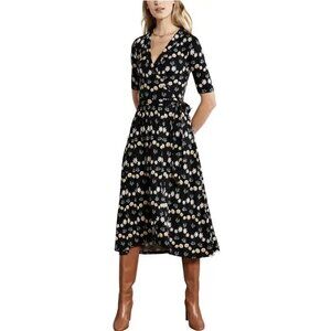 Boden Womens Lavinia Jersey Midi Wrap Dress Petite 4P Black Floral Half Sleeve